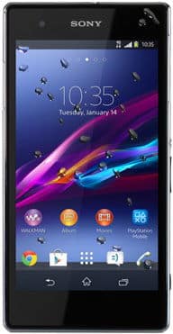 Sony Xperia Z1 smartphone, front view, displaying home screen with colorful wallpaper and app icons