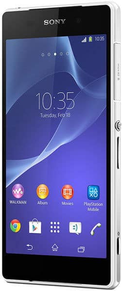 Sony Xperia Z2 front view with purple lock screen displaying time 10:35, home screen app icons below including Walkman, Album, Movies, and other apps