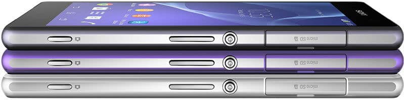 Sony Xperia Z2 phones in black, purple, and silver, shown from the side displaying ports and buttons