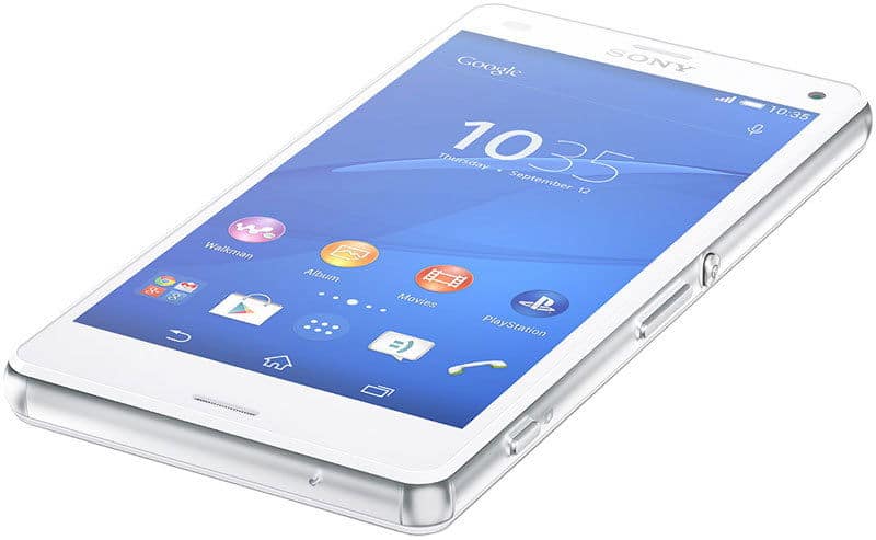 Sony Xperia Z3 Compact white smartphone displayed at an angle showing the blue home screen with app icons and time display