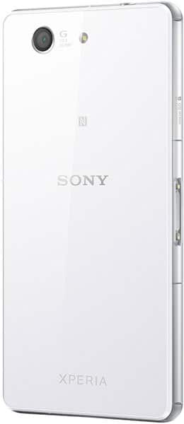 Sony Xperia Z3 Compact rear view, white, showing camera, Sony and Xperia branding on back panel
