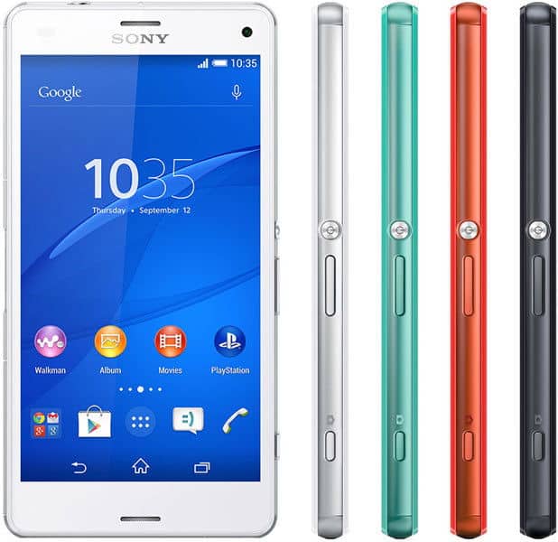 Sony Xperia Z3 Compact front view with blue display, shown alongside four color variants in white, teal, red, and black