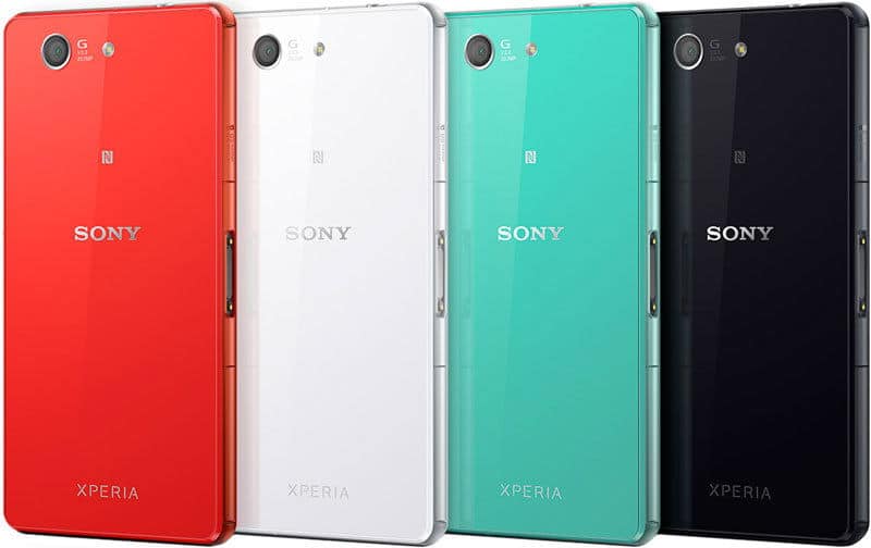 Sony Xperia Z3 Compact rear view in red, white, turquoise, and black color options