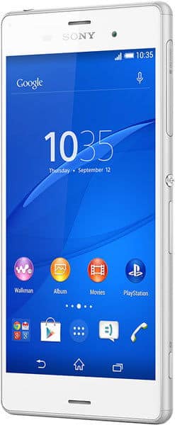 Sony Xperia Z3 front view, white, displaying blue home screen with time 10:35 and app icons