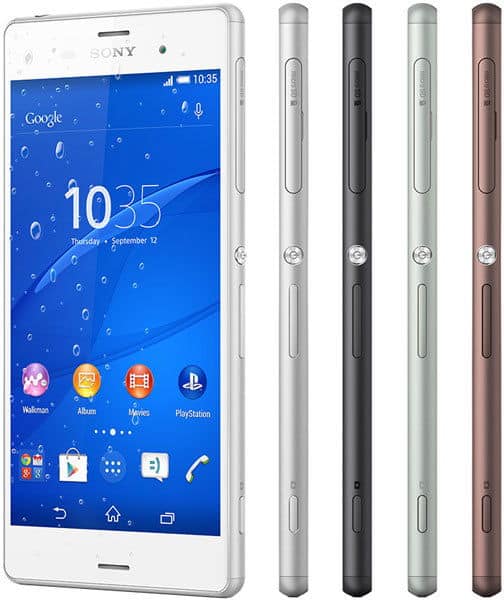 Sony Xperia Z3 front and side views, showing white phone with blue screen displaying home screen and four color options: white, black, green, and bronze
