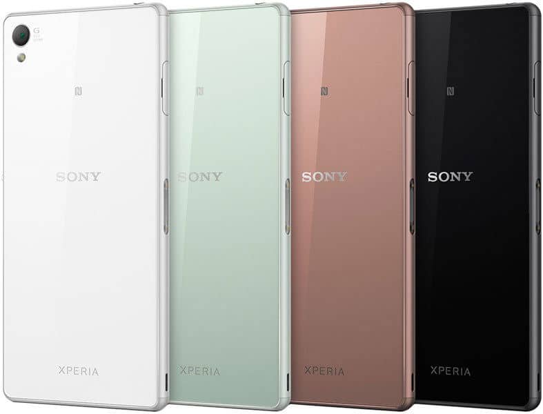 Sony Xperia Z3 rear view in four color options: white, light green, rose gold, and black