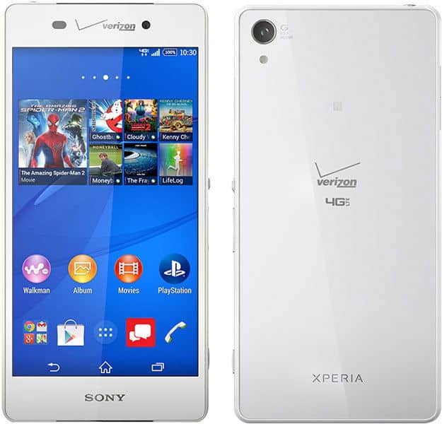 Sony Xperia Z3 front and rear views, white finish with blue home screen displaying apps and content tiles