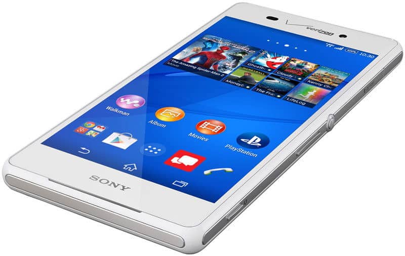 Sony Xperia Z3 front view with blue home screen displaying app icons and media content