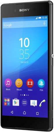 Sony Xperia Z3+ smartphone displayed front-on, showing home screen with colorful app icons and time display