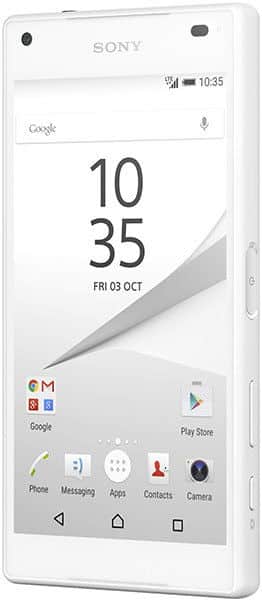 Sony Xperia Z5 Compact front view, white phone displaying time 10:35 and date Friday 03 October on home screen