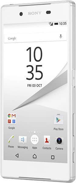 Sony Xperia Z5 front view, white smartphone displaying time 10:35, date Fri 03 Oct, with home screen apps and navigation buttons