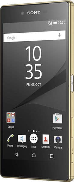 Front view of gold Sony Xperia Z5 Premium showing home screen with time 10:35, date Oct 3, and standard app icons.