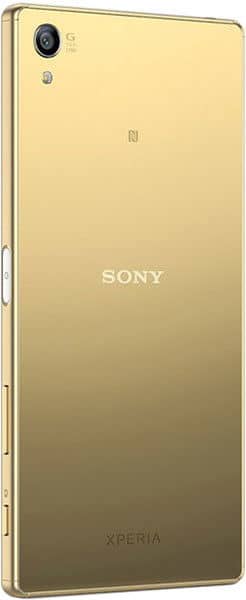 Rear view of gold Sony Xperia Z5 Premium showing camera, flash, SONY logo, Xperia branding, and side power/volume buttons.