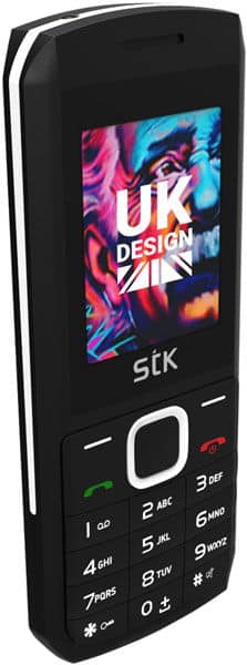STK R45i mobile phone, black with colorful UK Design display, front view showing keypad and screen