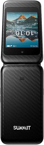 Summit Flip phone open, displaying mountain landscape lockscreen with time 01:01, black textured exterior visible