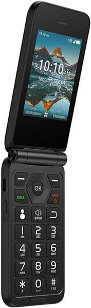 Summit Flip phone open, displaying landscape screen with time and mountain imagery, numeric keypad visible below