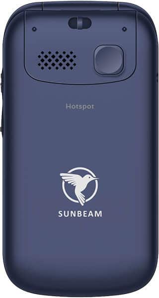 Sunbeam F1 Horizon Phone Bluebird, rear view showing dark blue casing with speaker grille and power button