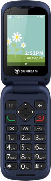 Sunbeam F1 Horizon Phone in Bluebird color, open clamshell style, displaying home screen with time and date on upper display