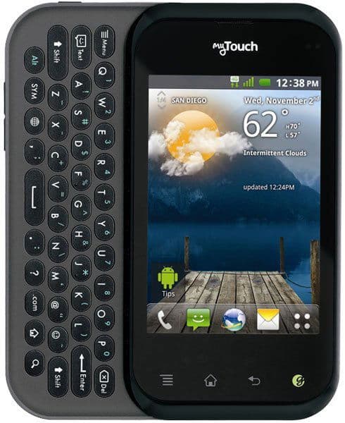 T-Mobile myTouch Q front view with slide-out QWERTY keyboard and touchscreen displaying weather for San Diego