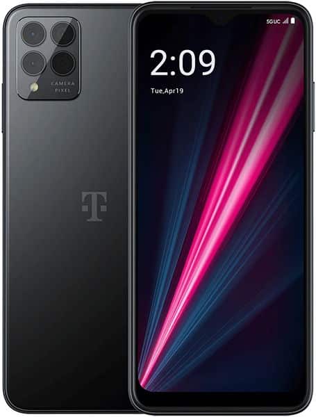 T-Mobile REVVL 6 Pro front and back view, showing quad camera array and display with time 2:09