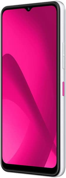 T-Mobile REVVL 7 5G front-side view; pink screen, silver frame, right-side buttons, top-center notch for front camera.