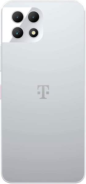 Rear view of a silver T-Mobile REVVL 7 5G showing four cameras in the top left and T-Mobile logo centered on the back.