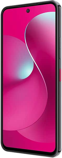 T-Mobile REVVL 8 Pro front view with vibrant pink wallpaper on screen, black frame, and front-facing camera visible