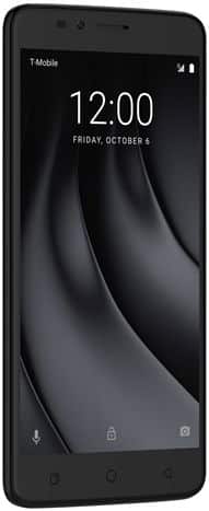 T-Mobile Revvl Plus front view displaying lock screen with time 12:00 and date Friday, October 5