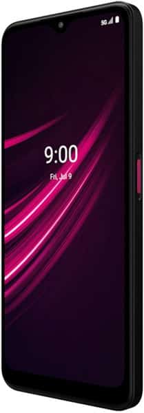 T-Mobile REVVL V+ 5G smartphone front view with black frame and display showing time 9:00 with pink diagonal lines on dark background