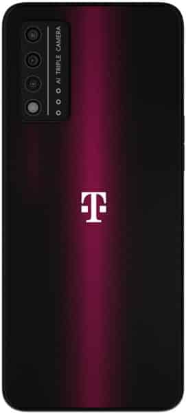 T-Mobile REVVL V+ 5G rear view, showing triple camera setup and T-Mobile logo on burgundy and black gradient back