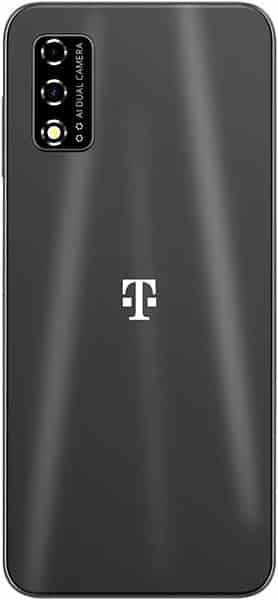 Rear view of black T-Mobile REVVL V showing center logo, vertical dual AI camera and flash in upper left, smooth reflective back.