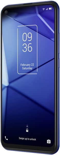 TCL 10 5G front view, display showing lock screen with time 09:36 and date February 22 Saturday on blue background