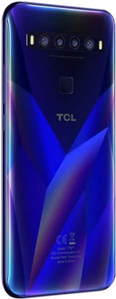 TCL 10 5G rear view, showing blue gradient back with quad camera array and fingerprint sensor