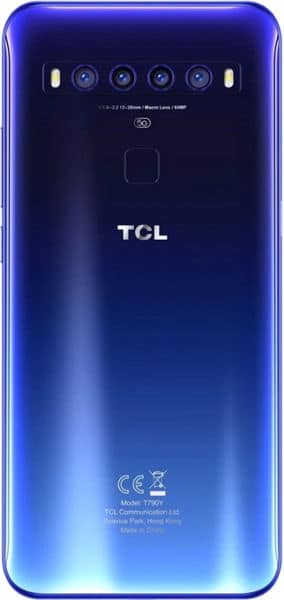 TCL 10 5G smartphone, rear view, showing quad camera array and fingerprint sensor on deep blue glossy back