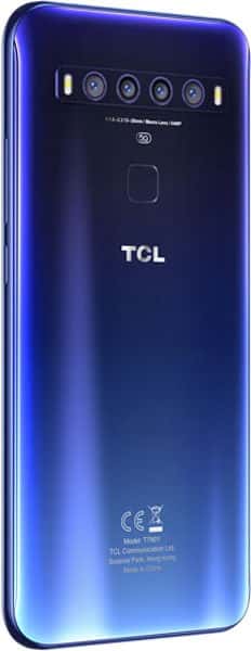 TCL 10 5G rear view, showing blue gradient back with quad camera array and fingerprint sensor