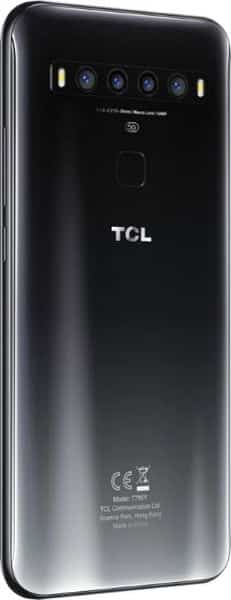 TCL 10 5G rear view, showing quad camera setup, fingerprint sensor, and gradient black finish