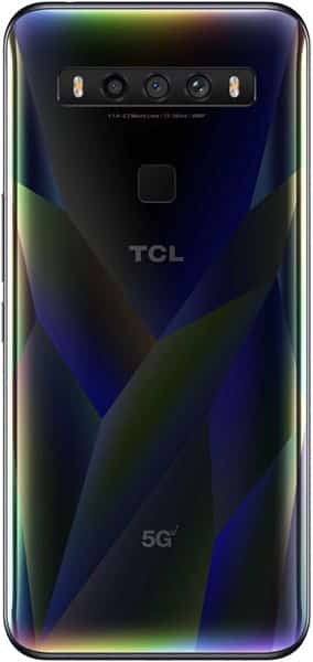 TCL 10 5G UW rear view with quad camera array and iridescent blue-green glass back