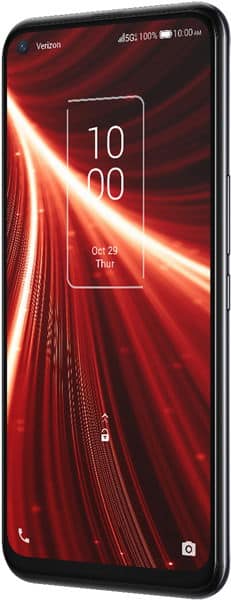 TCL 10 5G UW smartphone front view with black frame and red abstract wallpaper on screen displaying 10:00 time