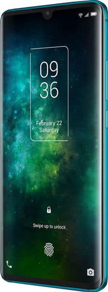 Front view of TCL 10 Pro showing 09:36 on lock screen with a green-blue galaxy wallpaper and fingerprint, lock, and camera icons.