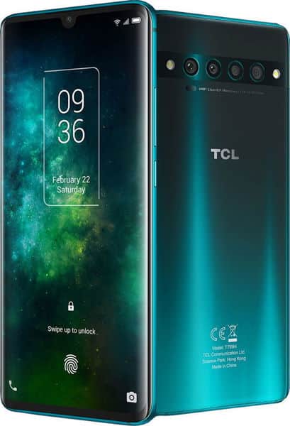 Green TCL 10 Pro shown front and back; front displays time, date, fingerprint icon; rear shows four cameras and TCL logo.