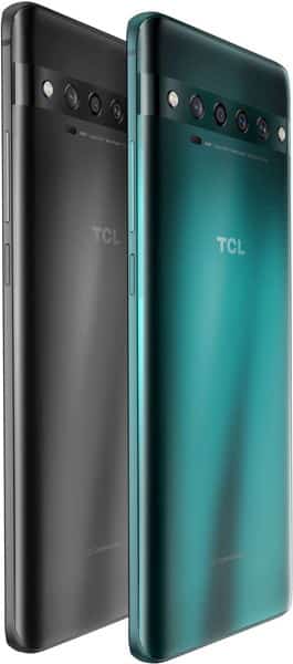 Rear view of two upright TCL phones, black and teal, showing horizontally aligned multi-lens rear cameras near the top.