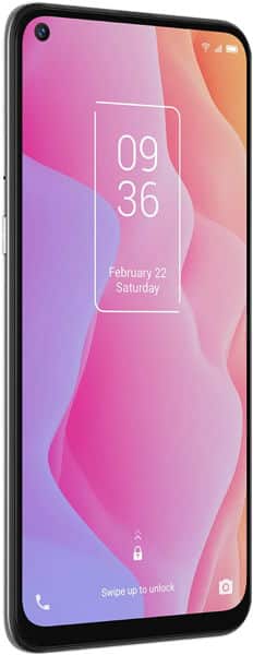 Front view of TCL 10L smartphone with slim black frame, pink-purple gradient lock screen, time, date, and swipe to unlock.