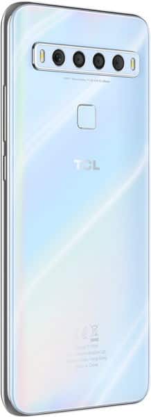 Rear view of TCL 10L in glossy white, four horizontal cameras, flash, upper center fingerprint sensor, and TCL logo below.