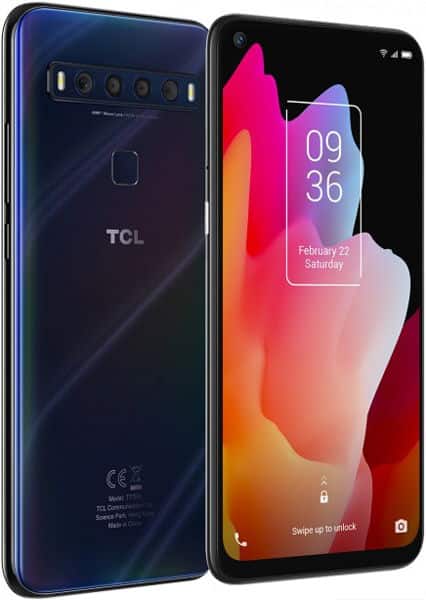 TCL 10L smartphone shown front and back; front displays colorful screen, rear shows horizontal cameras above fingerprint sensor.