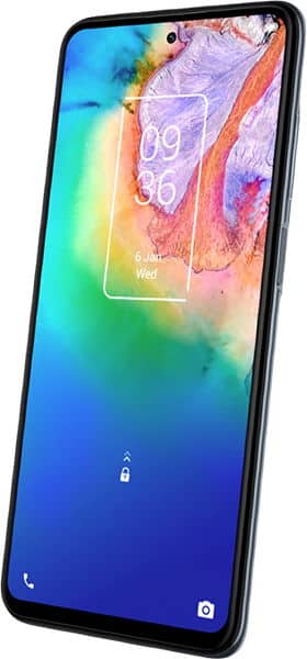 Front view of TCL 20 5G smartphone with colorful abstract wallpaper, lock screen at 09:36, date 6 Jan, and status icons visible.