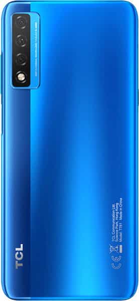 Rear view of blue TCL 20 5G showing triple cameras, flash, TCL branding at bottom, and regulatory info near lower edge.