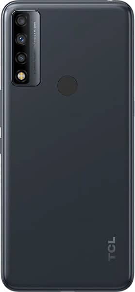 TCL 20 A 5G rear view, showing dark gray back with triple camera setup and fingerprint sensor