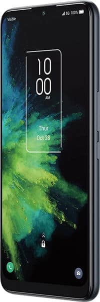 TCL 20 A 5G smartphone front view with lock screen displaying time and date on green and blue gradient wallpaper