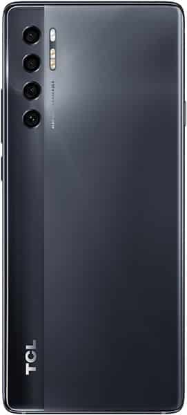TCL 20 Pro 5G rear view, showing dark gray back with four-lens camera setup and TCL logo