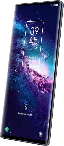 TCL 20 Pro 5G front view displaying lock screen with galaxy-themed wallpaper, time, and date